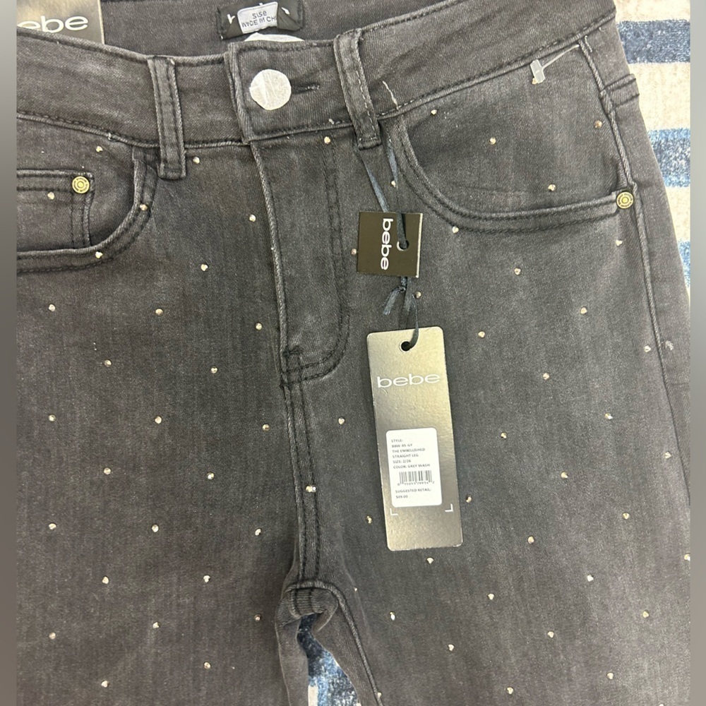 Bebe - NWT Straight Leg Denim with Rhinestons in Dark Grey - Picture 3 of 11
